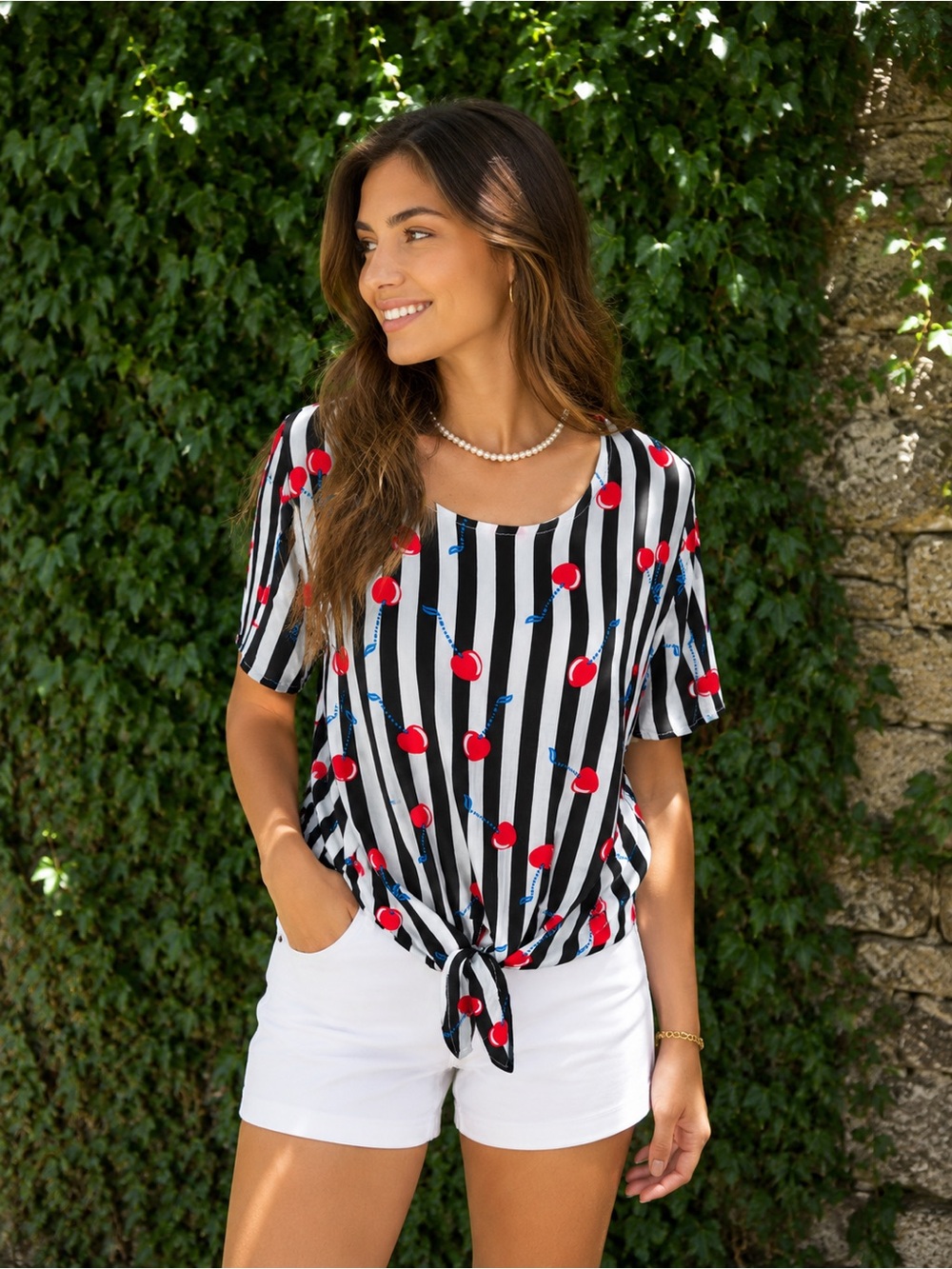 CYNTHIA ROWLEY Tie Front Black and White Striped Cherry Print Summer Blouse, L